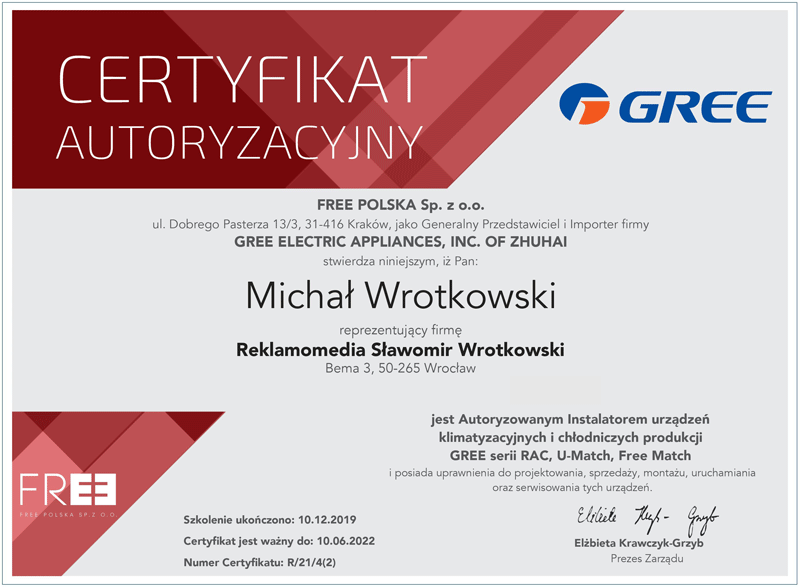 Certyfikat klimatyzacji Gree